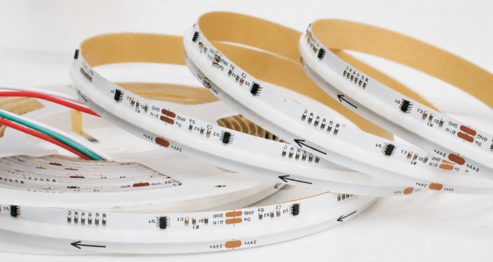 24V 12 mm Addressable RGB + Tunable White COB LED Strip · 840D addressable RGB + tunable white · 2811 IC — product photograph