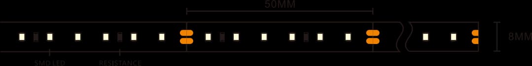 SMD-036 · شريط LED SMD 2835 · لون واحد · 8 mm · 120 LED/m · 7 W/m — رسم بنية هذا الموديل؛ أكد الأبعاد ومسافة القص حسب الإصدار