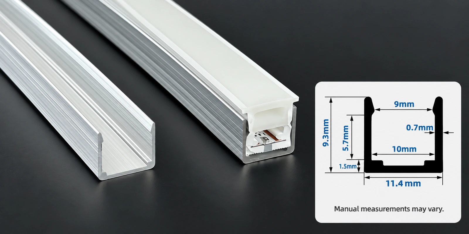 10 × 10 mm aluminum channels with inset profile reference and manual-measurement notice