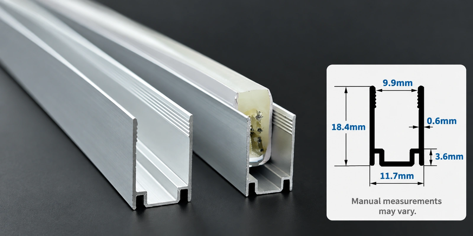 10 × 18 mm aluminum channels with inset profile reference and manual-measurement notice