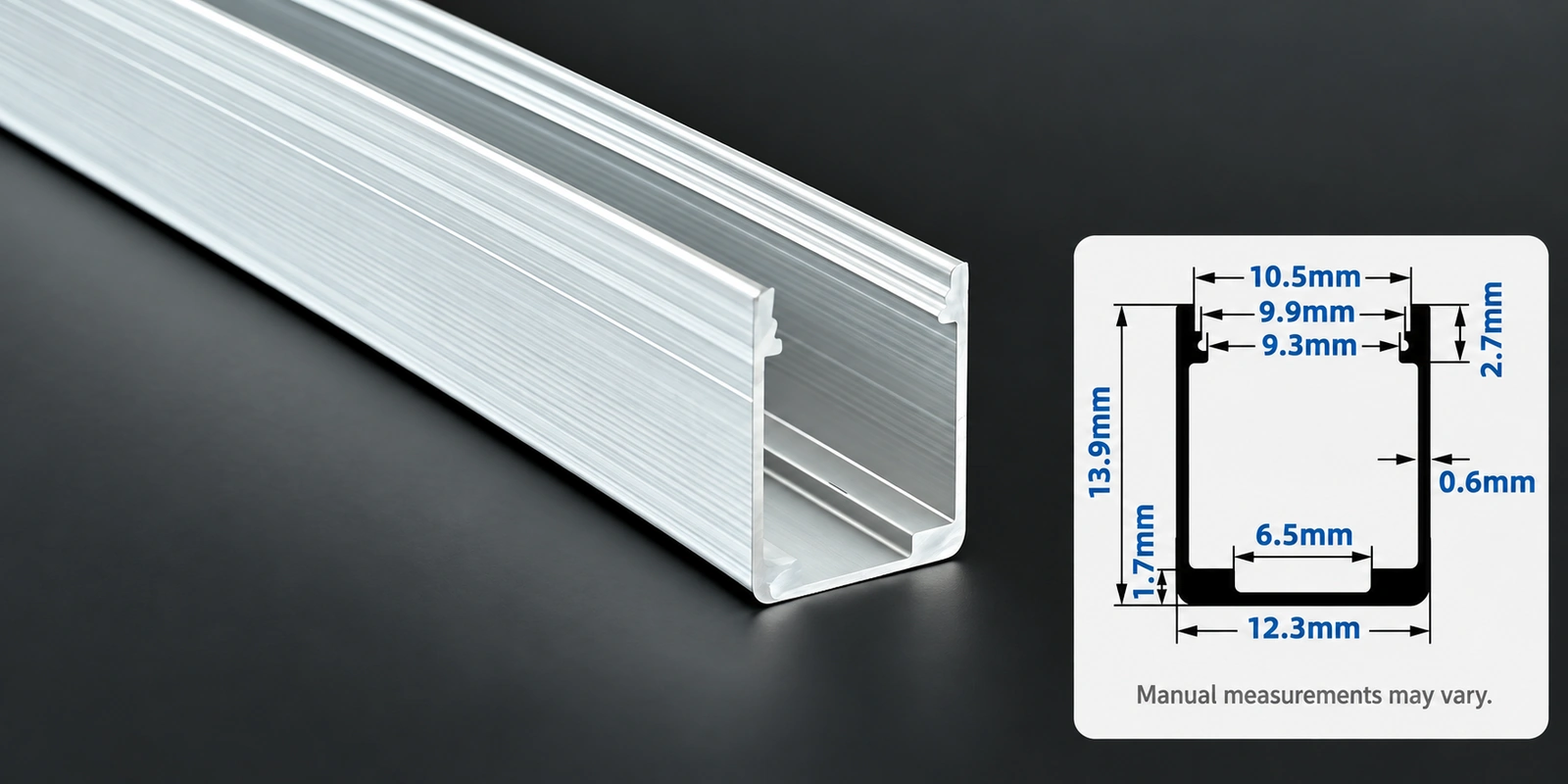 10 × 20 mm aluminum channels with inset profile reference and manual-measurement notice