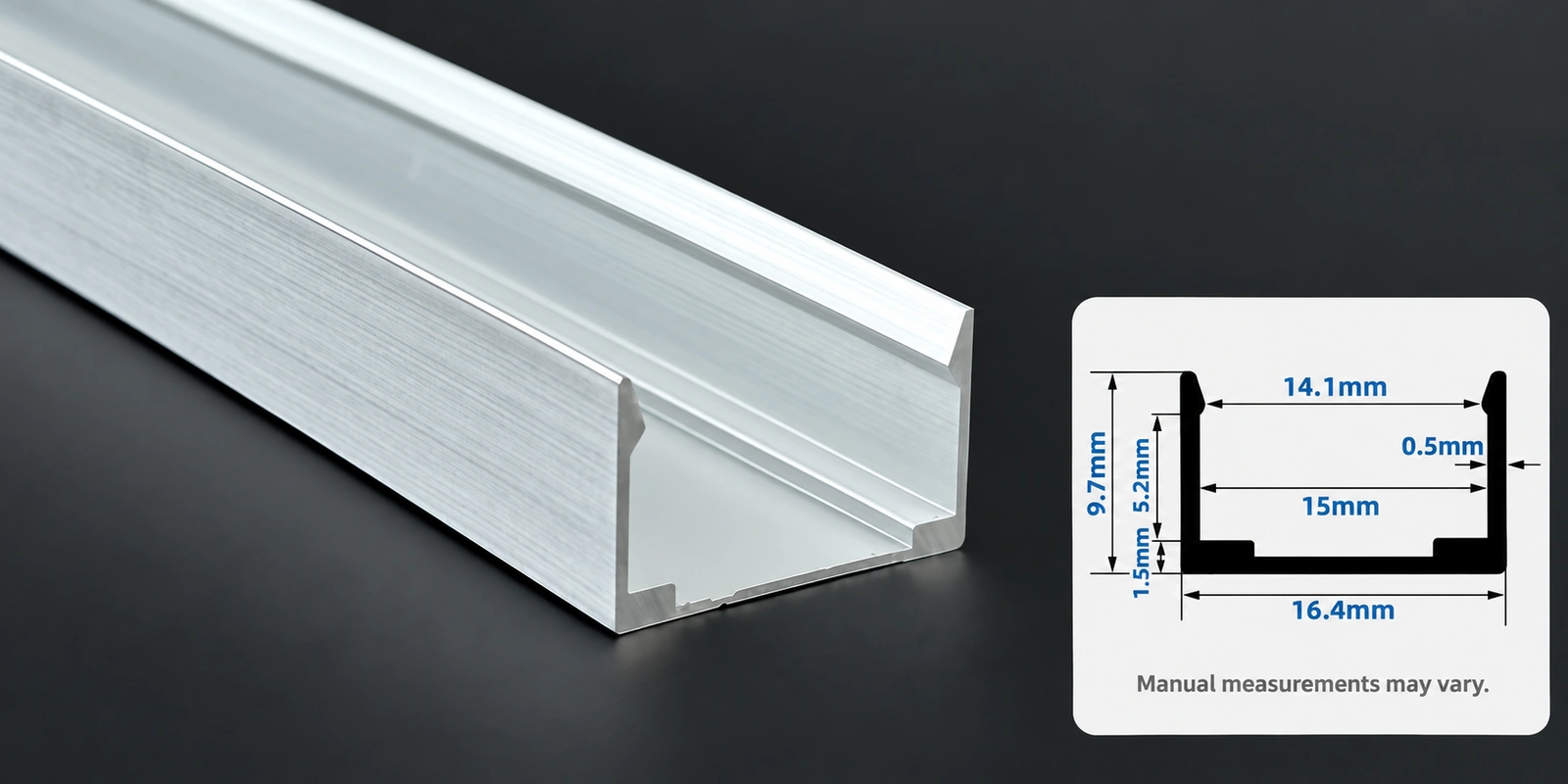 15 × 10 mm aluminum channels with inset profile reference and manual-measurement notice