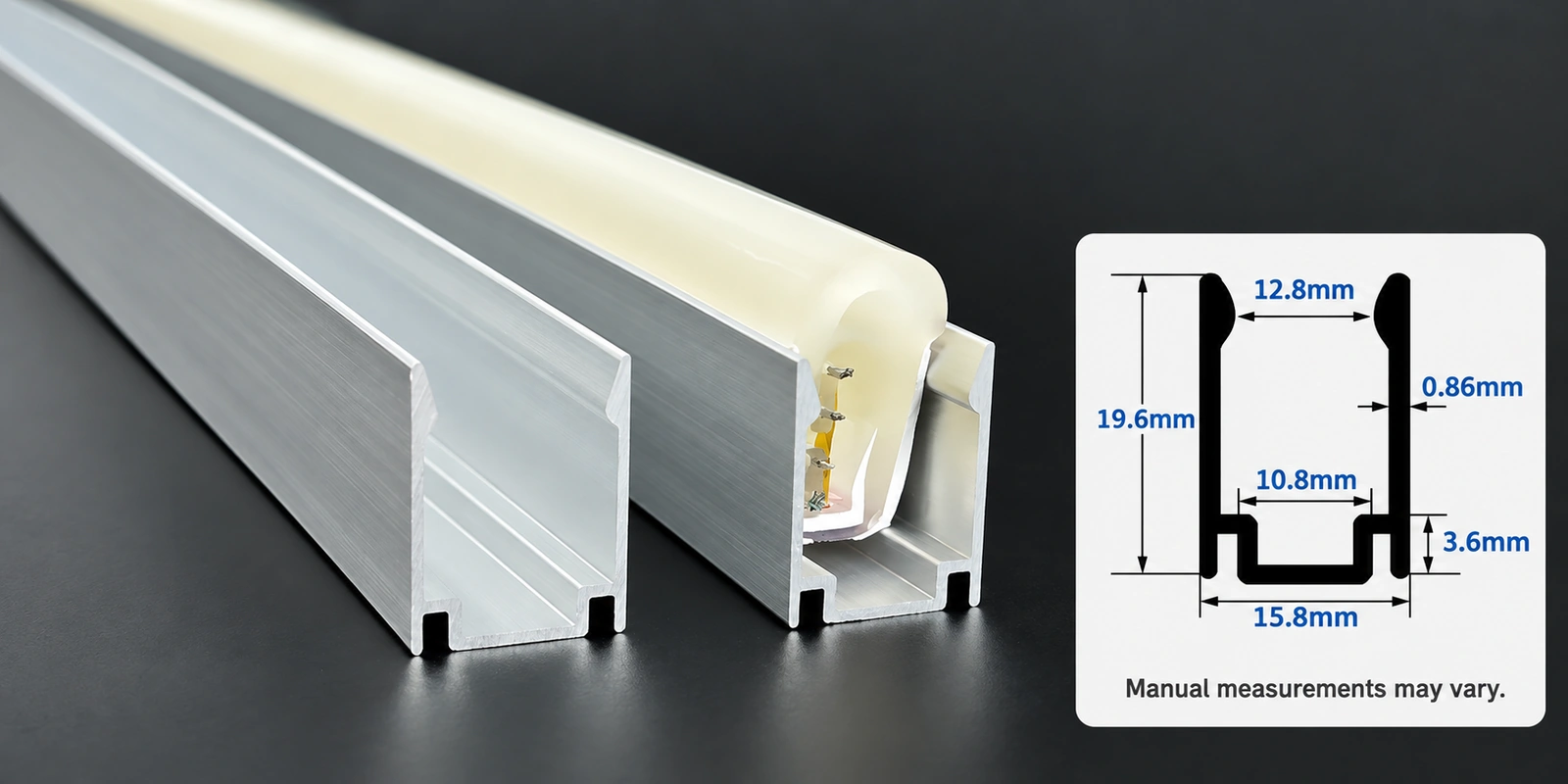15 × 25 mm aluminum channels with inset profile reference and manual-measurement notice
