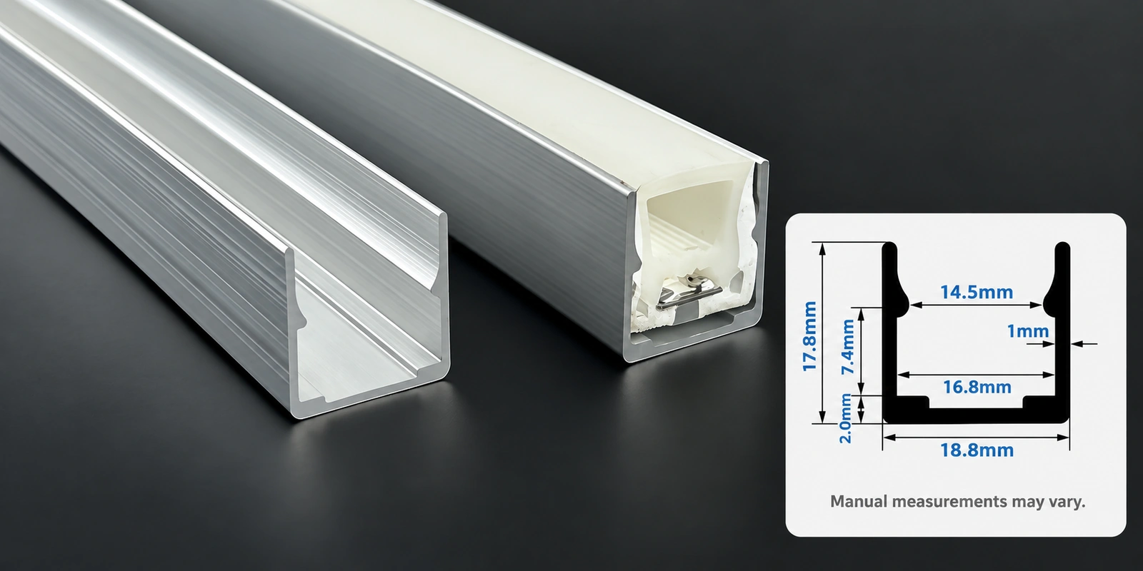 16 × 16 mm aluminum channels with inset profile reference and manual-measurement notice