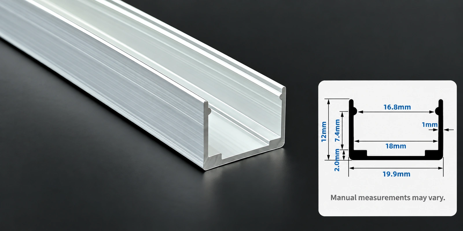 18 × 10 mm aluminum channels with inset profile reference and manual-measurement notice