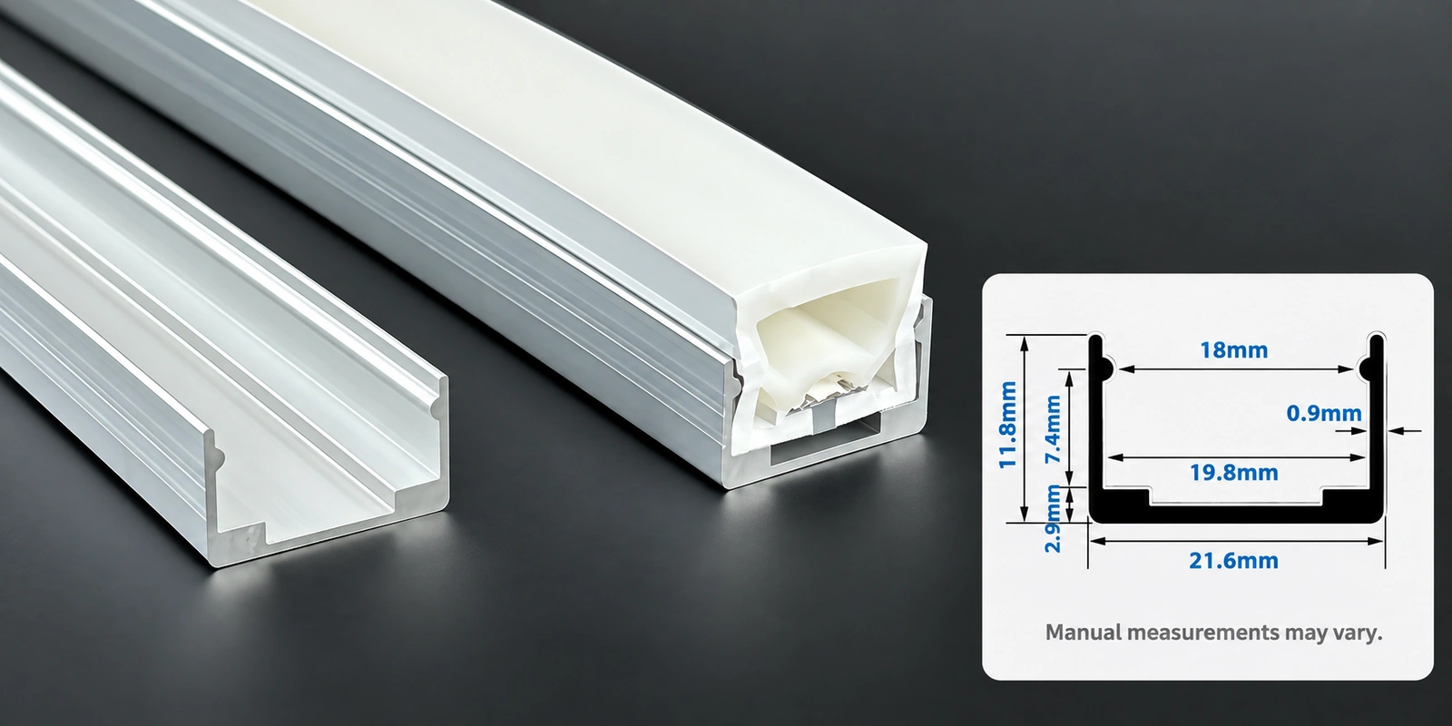20 × 10 mm aluminum channels with inset profile reference and manual-measurement notice