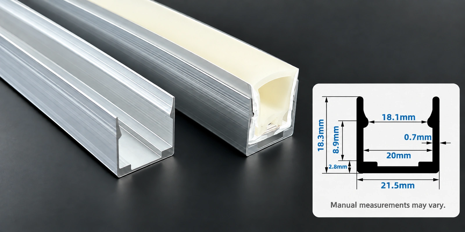 20 × 20 mm aluminum channels with inset profile reference and manual-measurement notice
