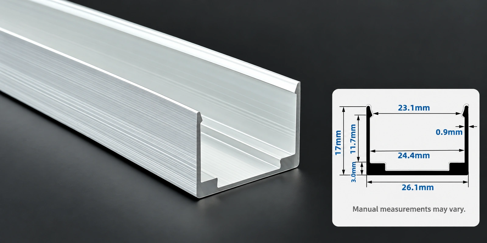 25 × 17 mm aluminum channels with inset profile reference and manual-measurement notice
