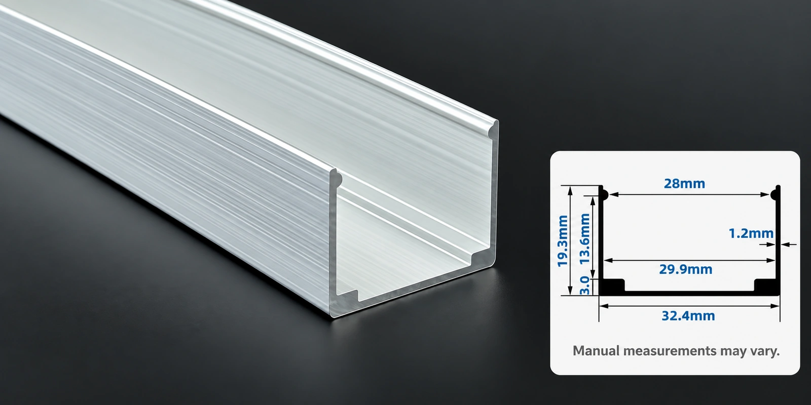 30 × 20 mm aluminum channels with inset profile reference and manual-measurement notice