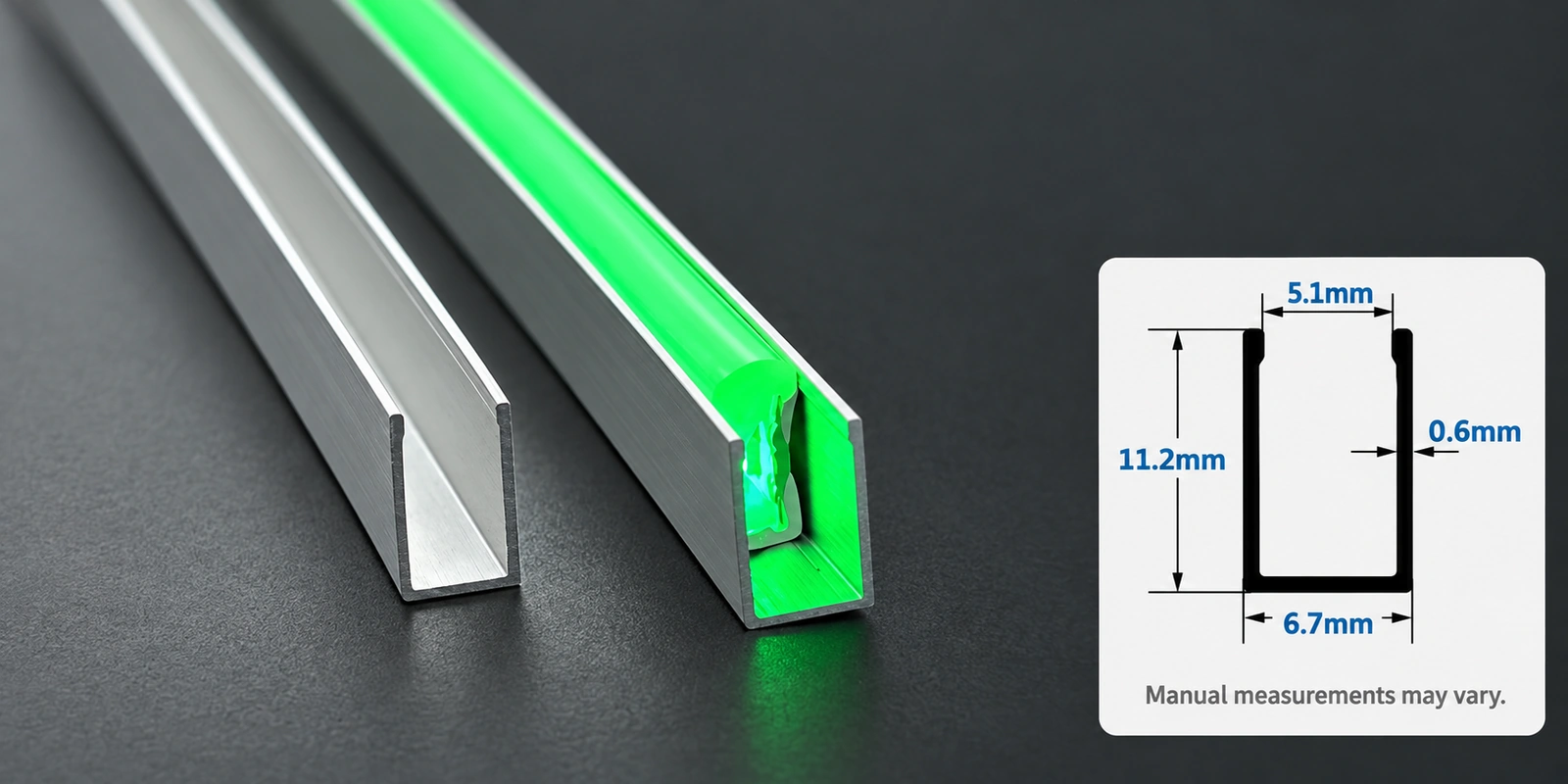 6 × 12 mm aluminum channels with inset profile reference and manual-measurement notice