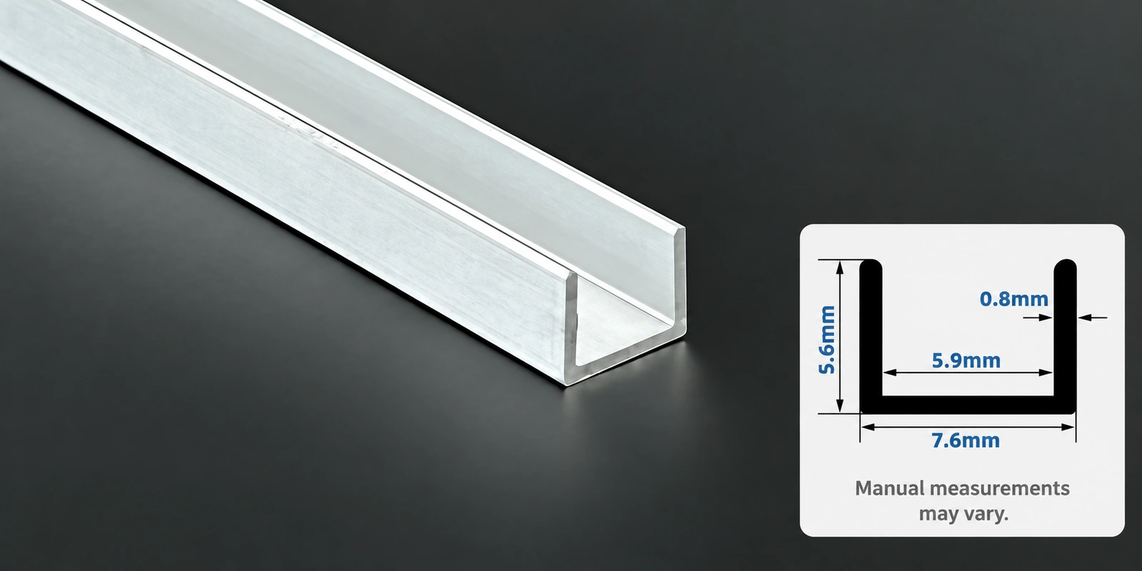 6 × 6 mm aluminum channels with inset profile reference and manual-measurement notice