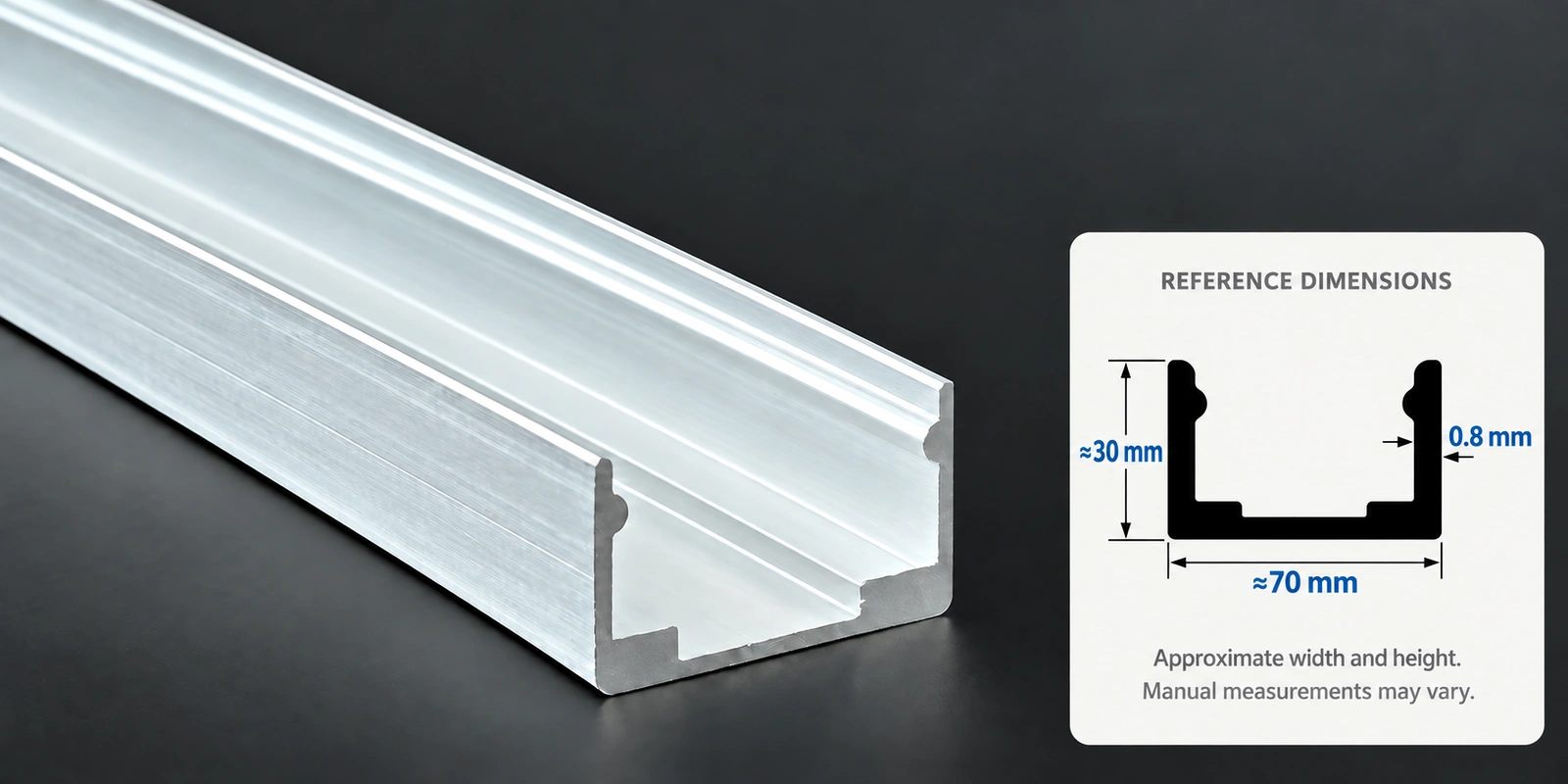 70 × 30 mm aluminum channel with approximate 70 mm width and 30 mm height, user-specified 0.8 mm wall thickness and measurement notice