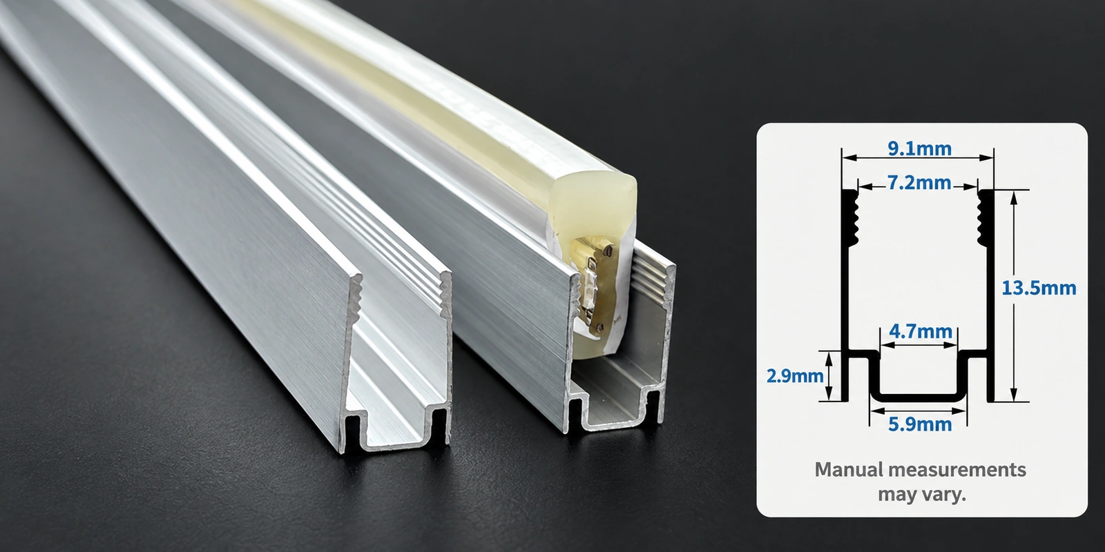8 × 16 mm aluminum channels with inset profile reference and manual-measurement notice
