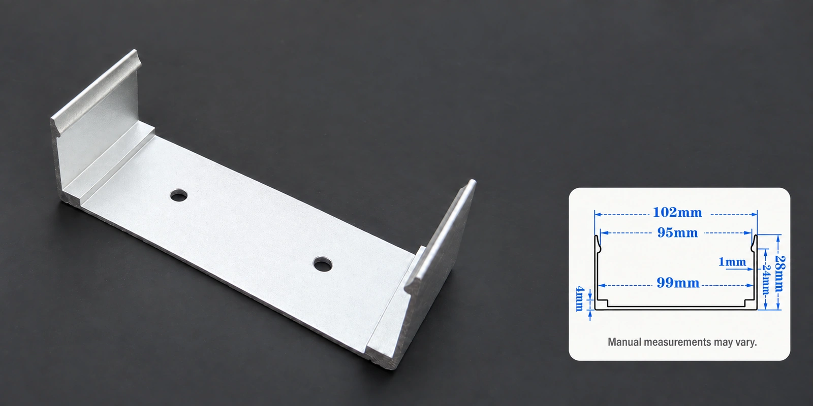 100 × 30 mm aluminum clips with inset profile reference and manual-measurement notice