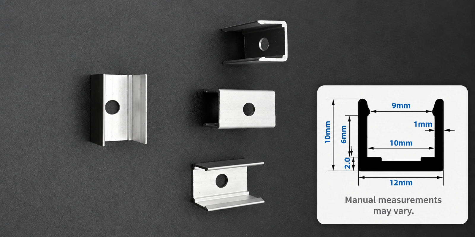 10 × 10 mm aluminum clips with inset profile reference and manual-measurement notice