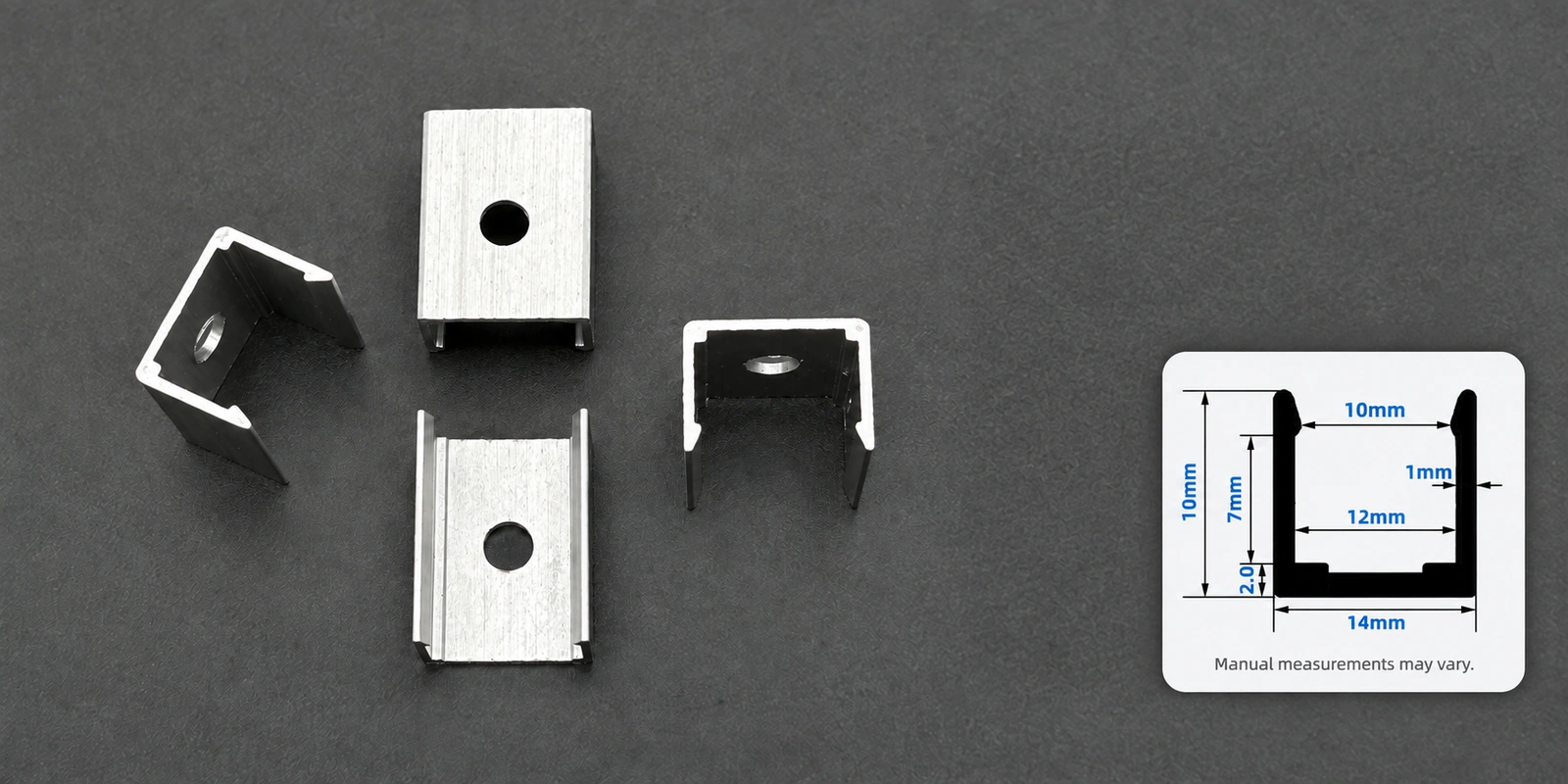 12 × 12 mm aluminum clips with inset profile reference and manual-measurement notice