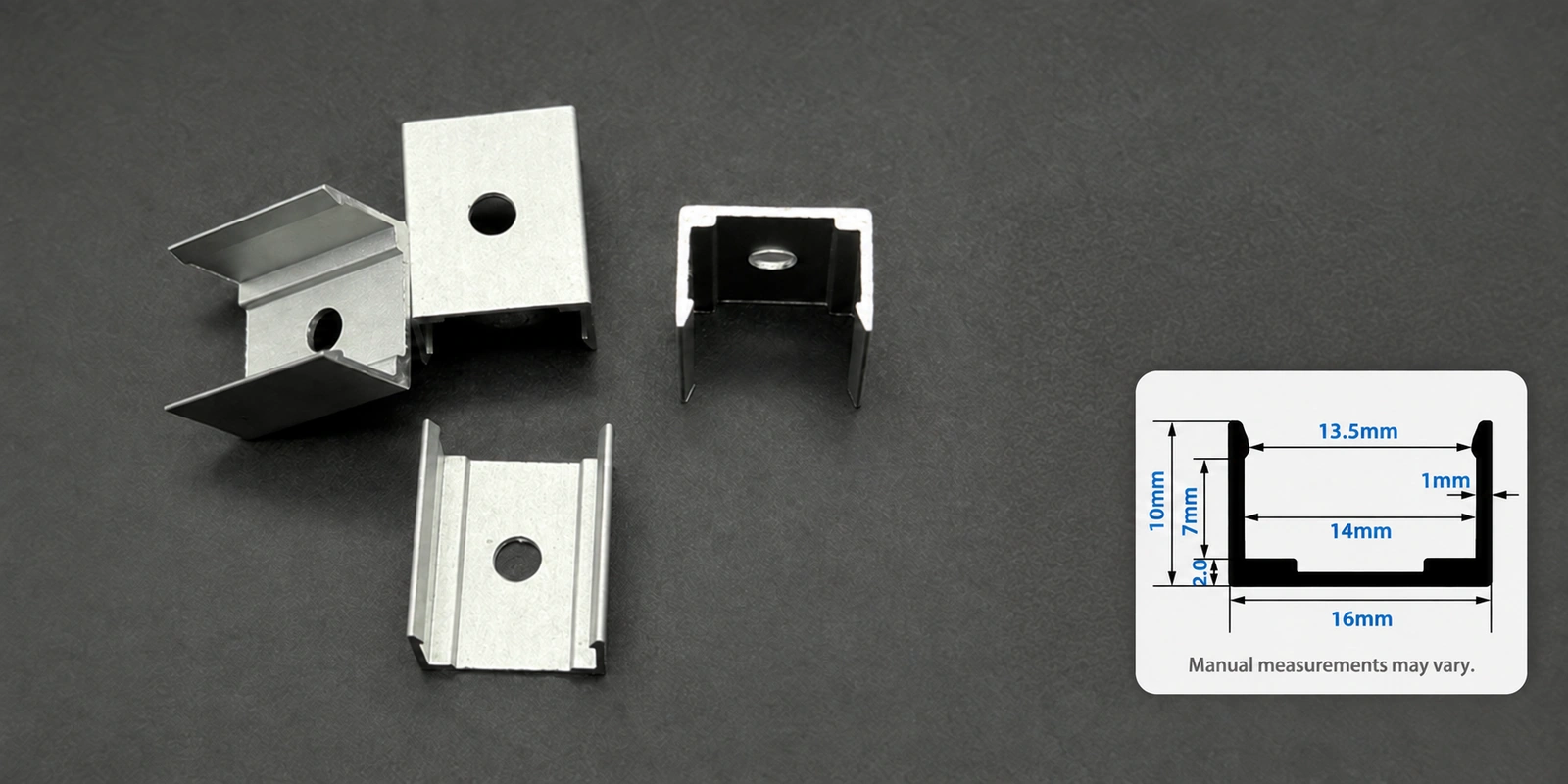 14 × 14 mm aluminum clips with inset profile reference and manual-measurement notice