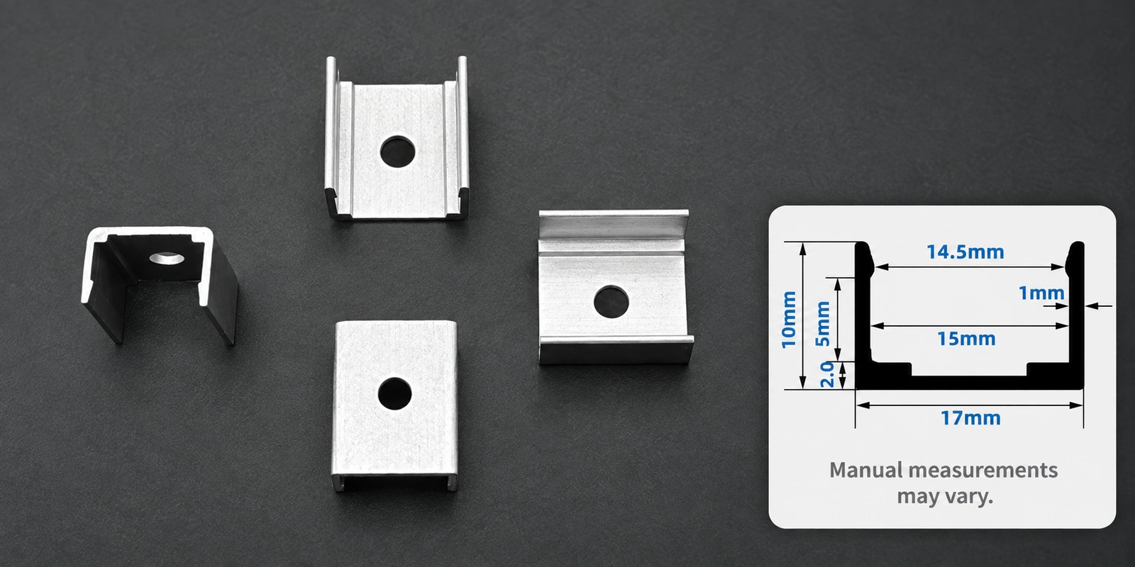 15 × 10 mm aluminum clips with inset profile reference and manual-measurement notice
