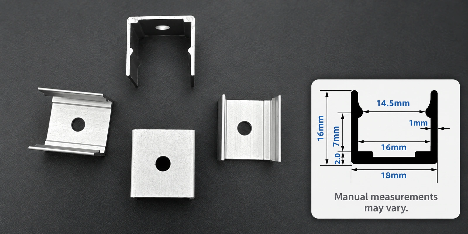 16 × 16 mm aluminum clips with inset profile reference and manual-measurement notice