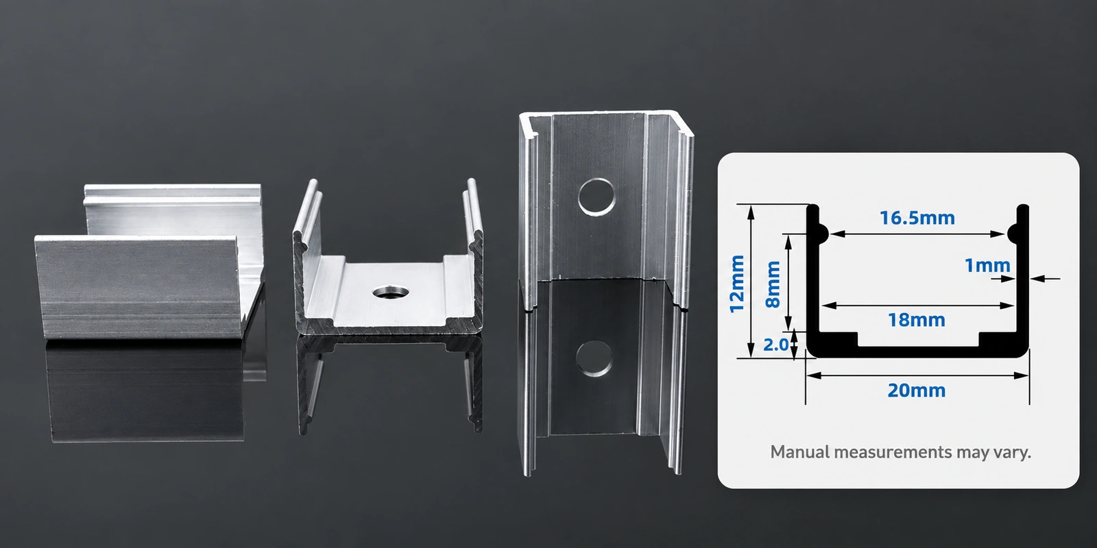 18 × 10 mm aluminum clips with inset profile reference and manual-measurement notice