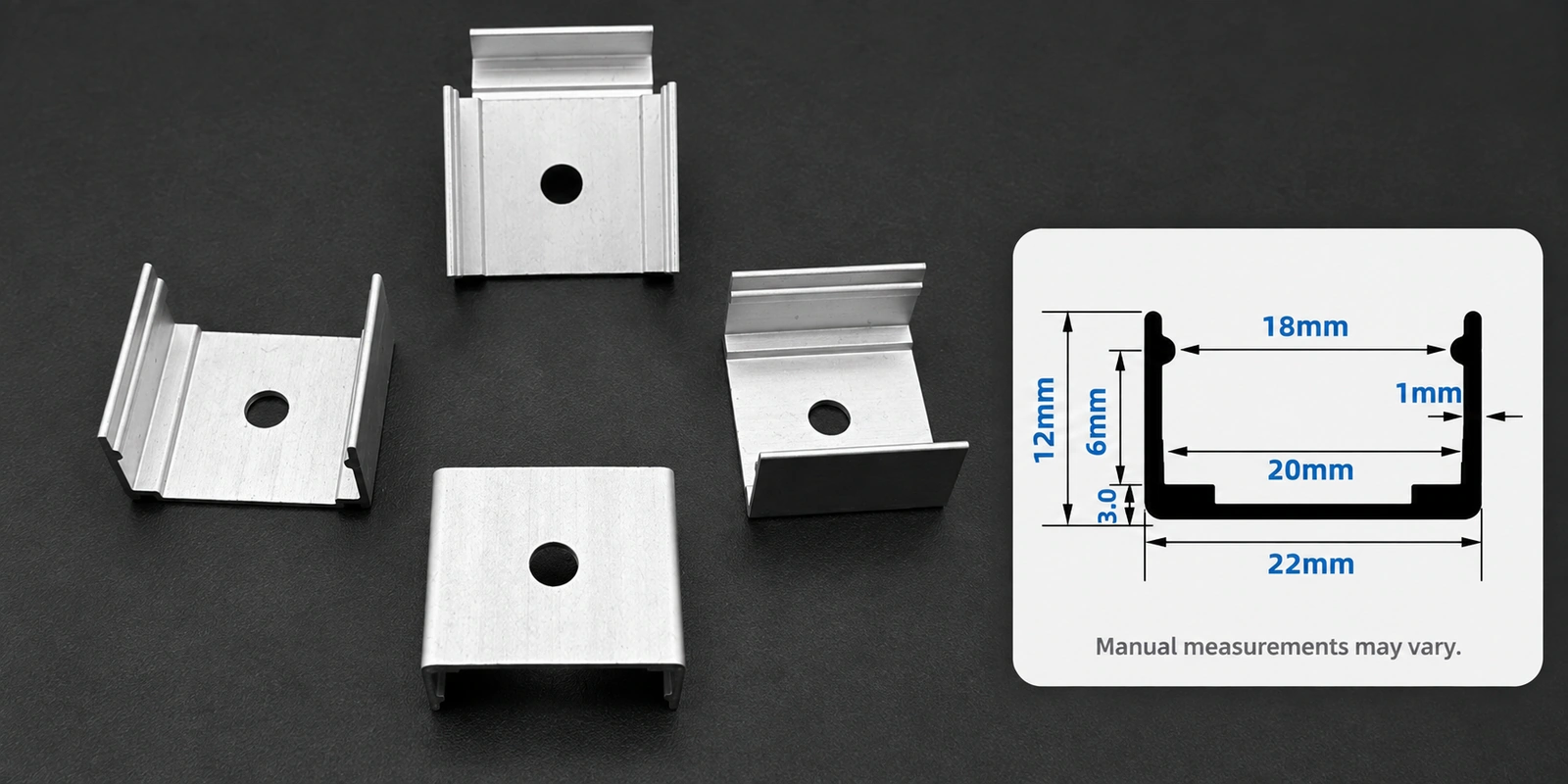 20 × 10 mm aluminum clips with inset profile reference and manual-measurement notice