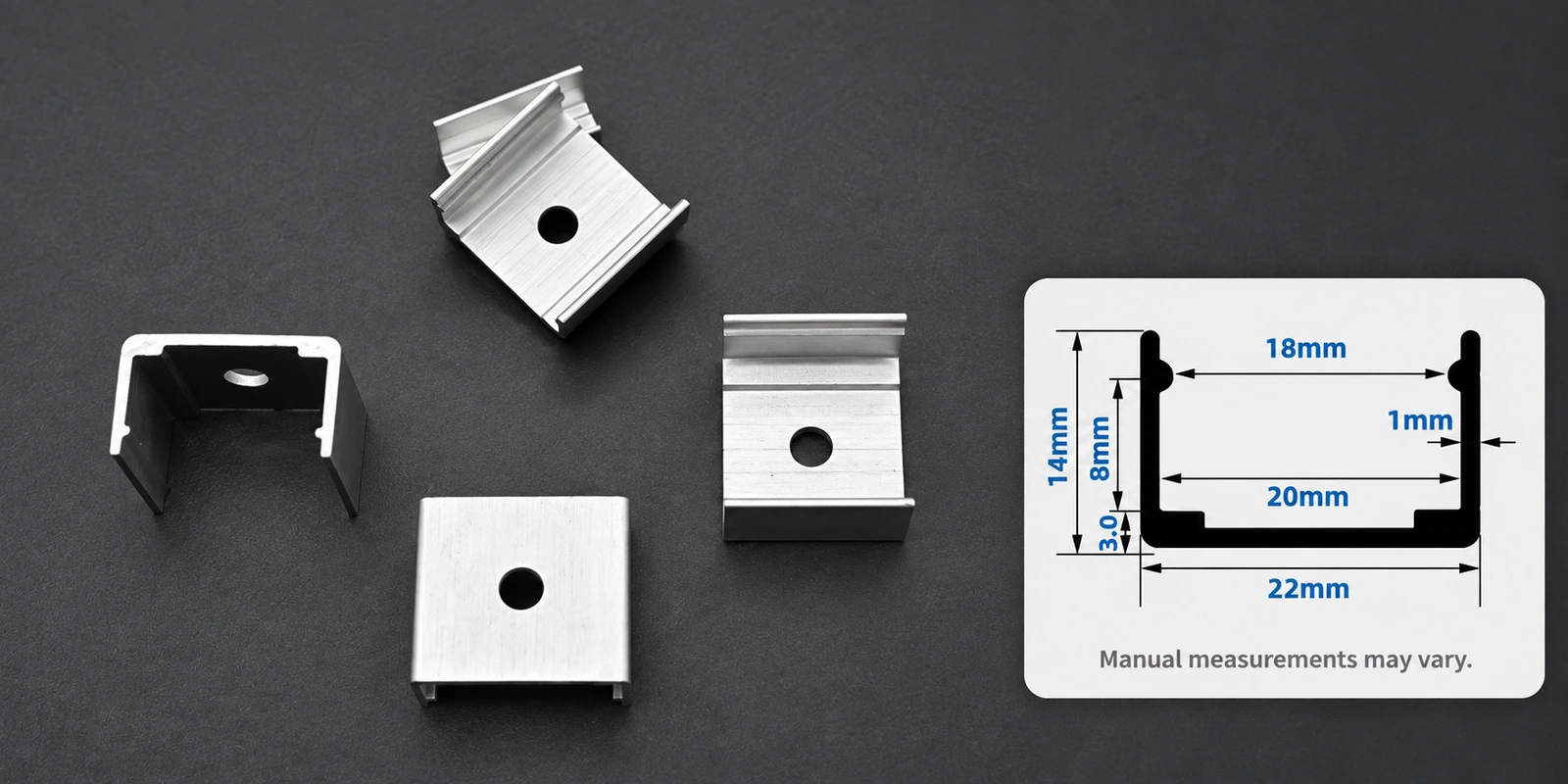 20 × 14 mm aluminum clips with inset profile reference and manual-measurement notice