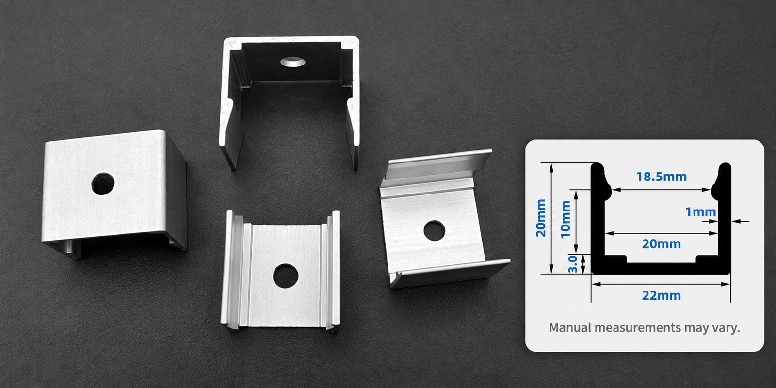 20 × 20 mm aluminum clips with inset profile reference and manual-measurement notice