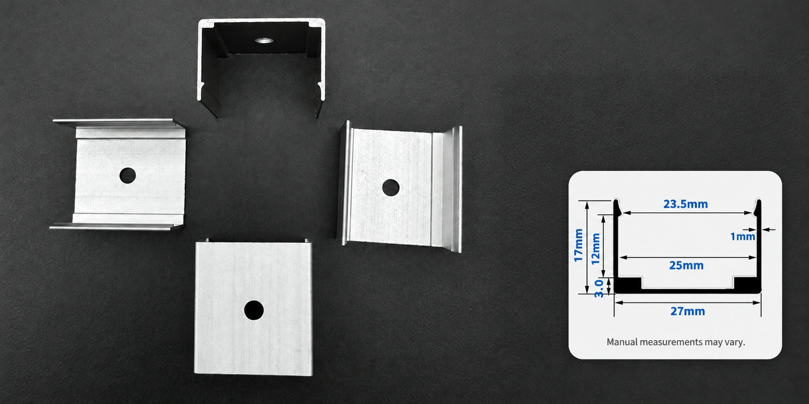 25 × 17 mm aluminum clips with inset profile reference and manual-measurement notice