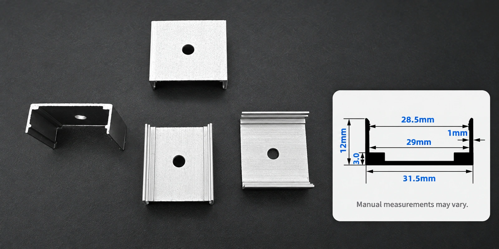 30 × 10 mm aluminum clips with inset profile reference and manual-measurement notice