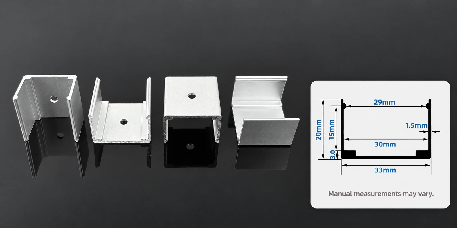 30 × 20 mm aluminum clips with inset profile reference and manual-measurement notice
