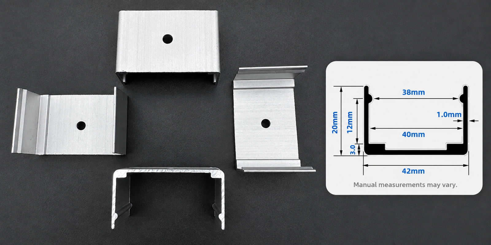 40 × 20 mm aluminum clips with inset profile reference and manual-measurement notice