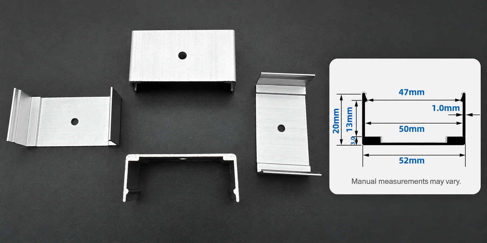 50 × 20 mm aluminum clips with inset profile reference and manual-measurement notice