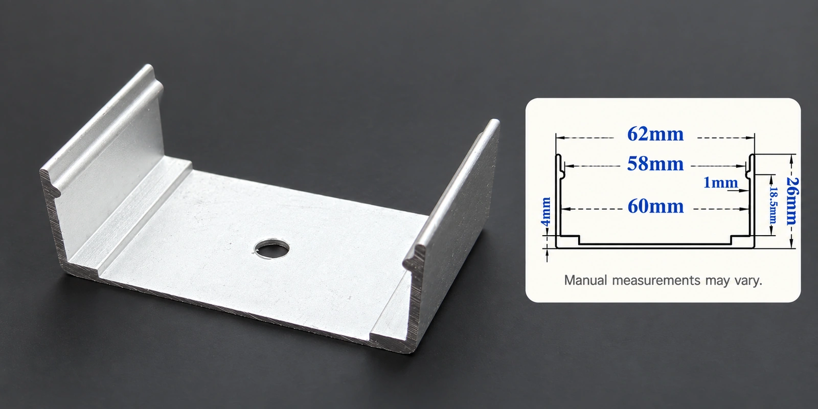 60 × 30 mm aluminum clips with inset profile reference and manual-measurement notice