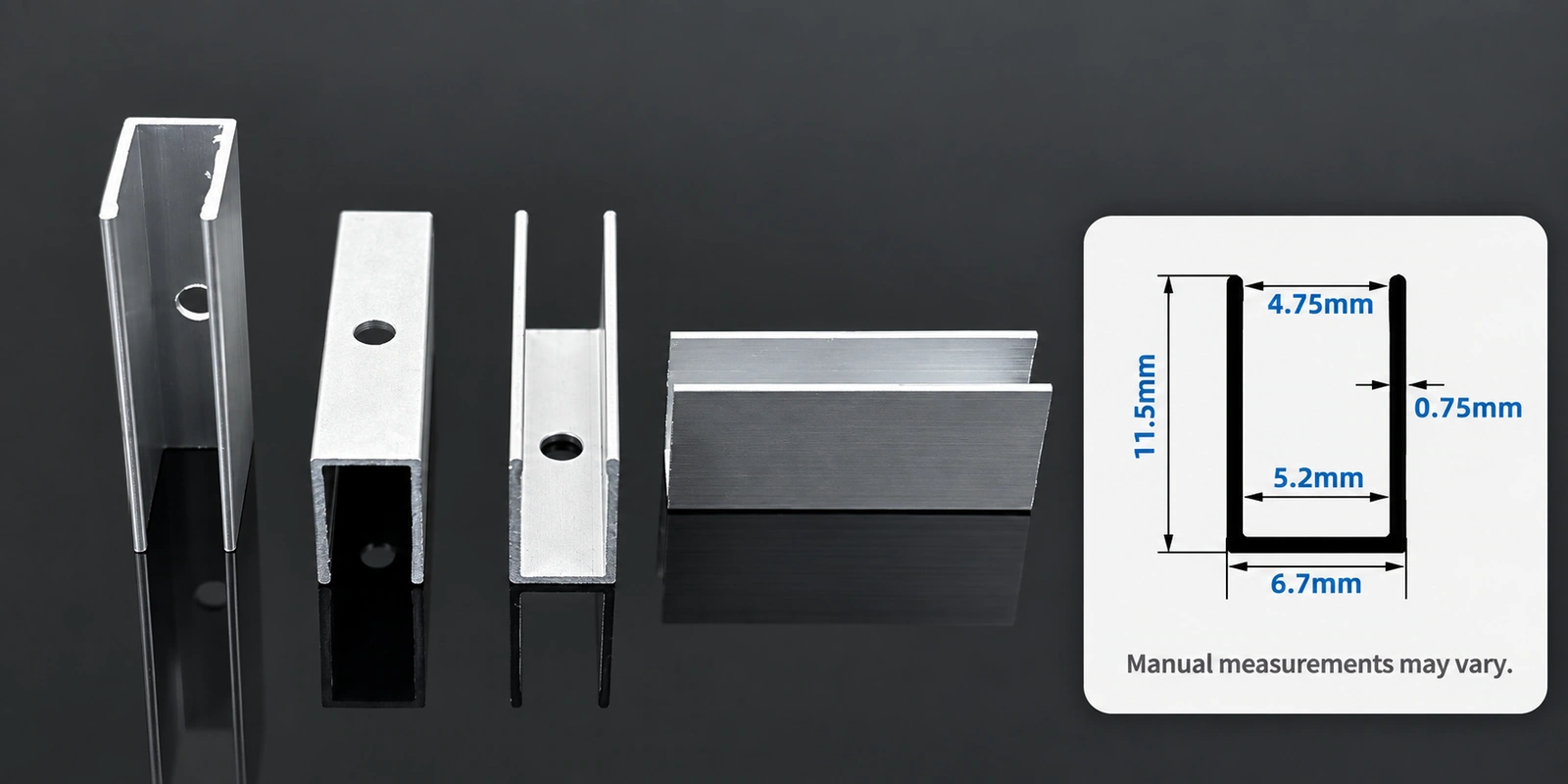 6 × 12 mm aluminum clips with inset profile reference and manual-measurement notice