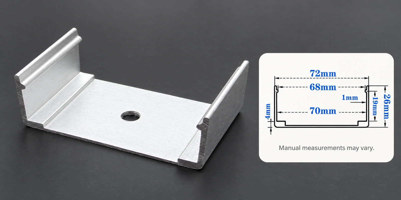 70 × 30 mm aluminum clips with inset profile reference and manual-measurement notice