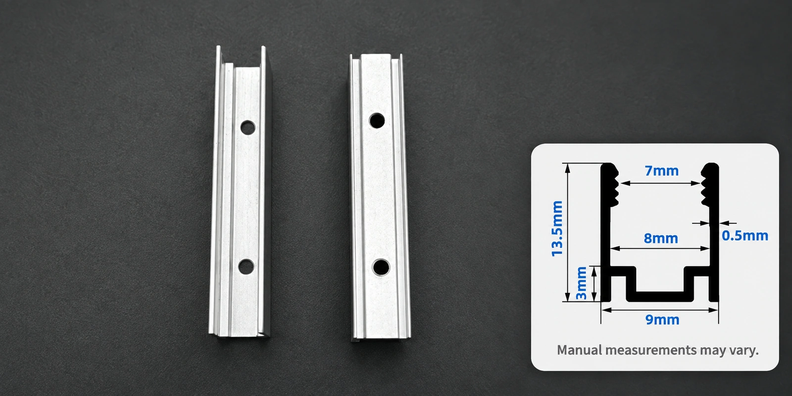 8 × 16 mm aluminum clips with inset profile reference and manual-measurement notice