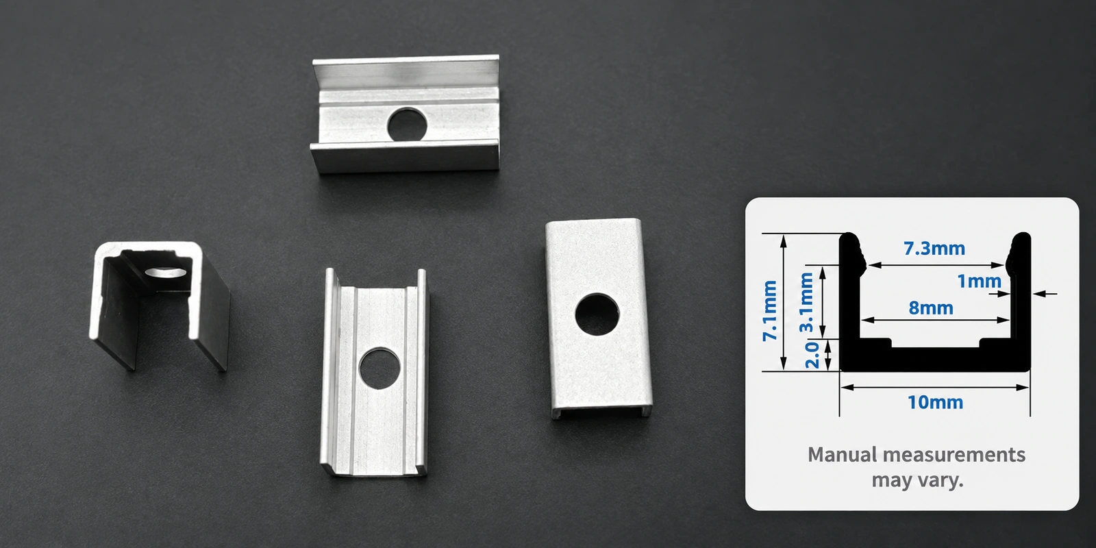 8 × 8 mm aluminum clips with inset profile reference and manual-measurement notice