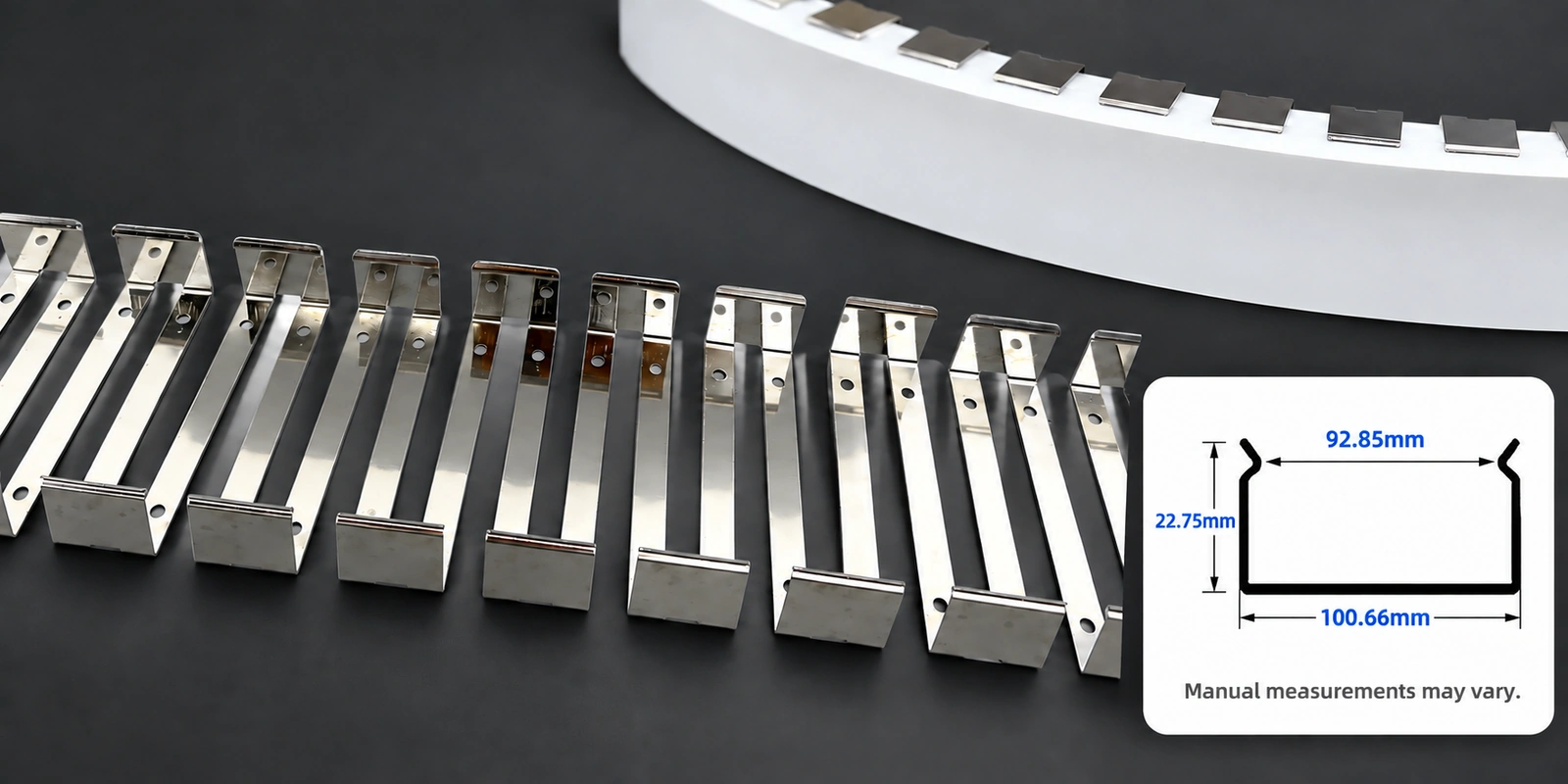 100 × 30 mm flexible tracks with inset profile reference and manual-measurement notice