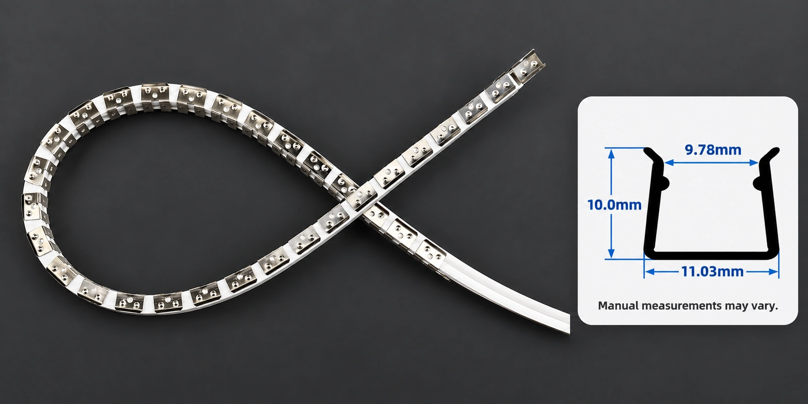 10 × 10 mm flexible tracks with inset profile reference and manual-measurement notice