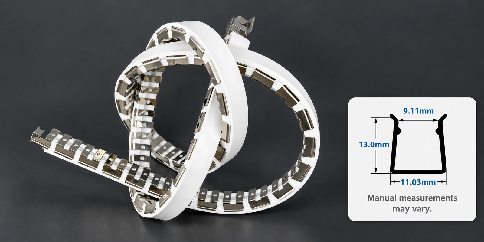 10 × 18 mm flexible tracks with inset profile reference and manual-measurement notice