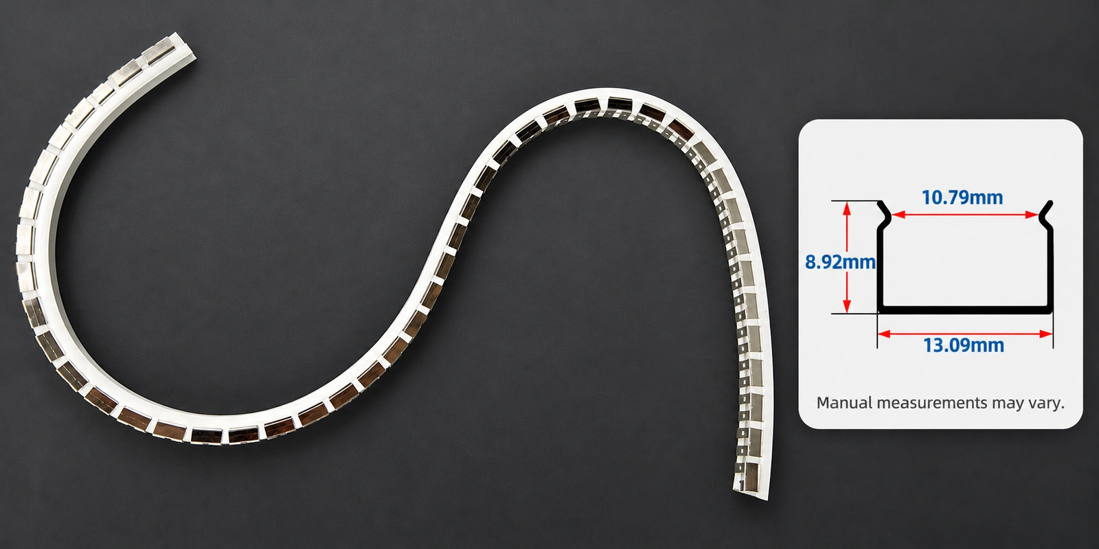 12 × 12 mm flexible tracks with inset profile reference and manual-measurement notice