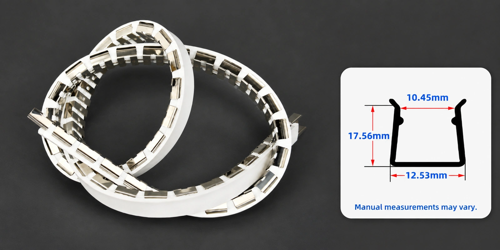 12 × 20 mm flexible tracks with inset profile reference and manual-measurement notice