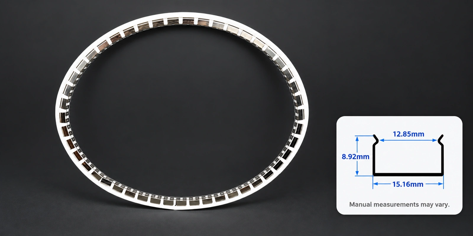 14 × 14 mm flexible tracks with inset profile reference and manual-measurement notice