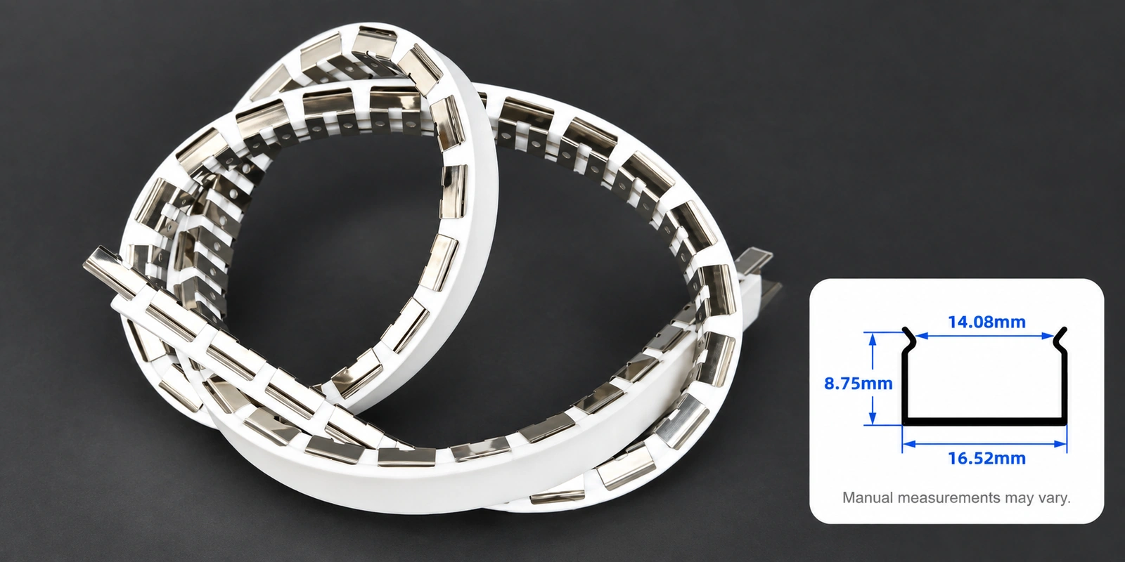 15 × 10 mm flexible tracks with inset profile reference and manual-measurement notice