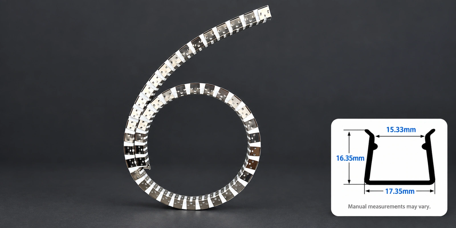 16 × 16 mm flexible tracks with inset profile reference and manual-measurement notice