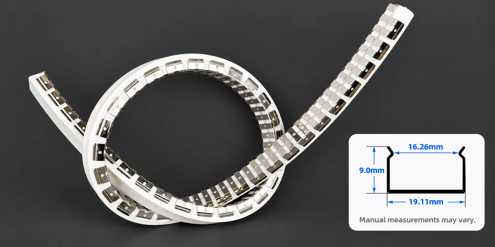 18 × 10 mm flexible tracks with inset profile reference and manual-measurement notice