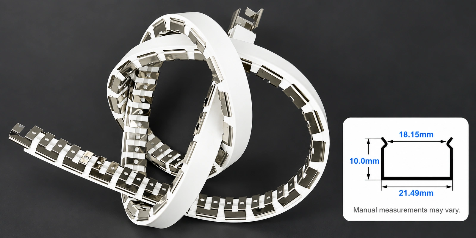 20 × 10 mm flexible tracks with inset profile reference and manual-measurement notice