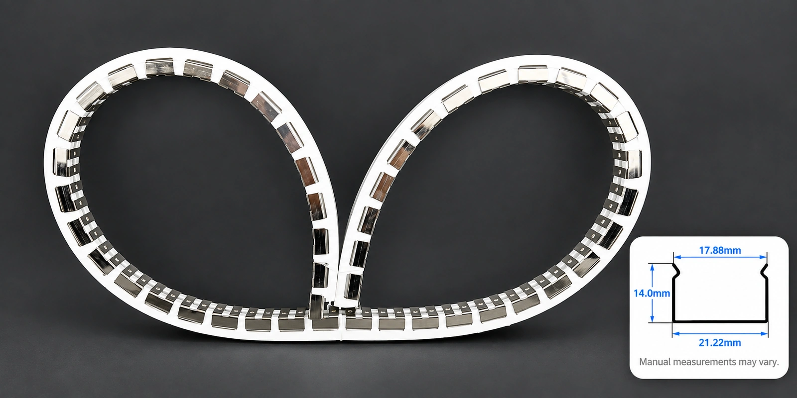 20 × 20 mm flexible tracks with inset profile reference and manual-measurement notice