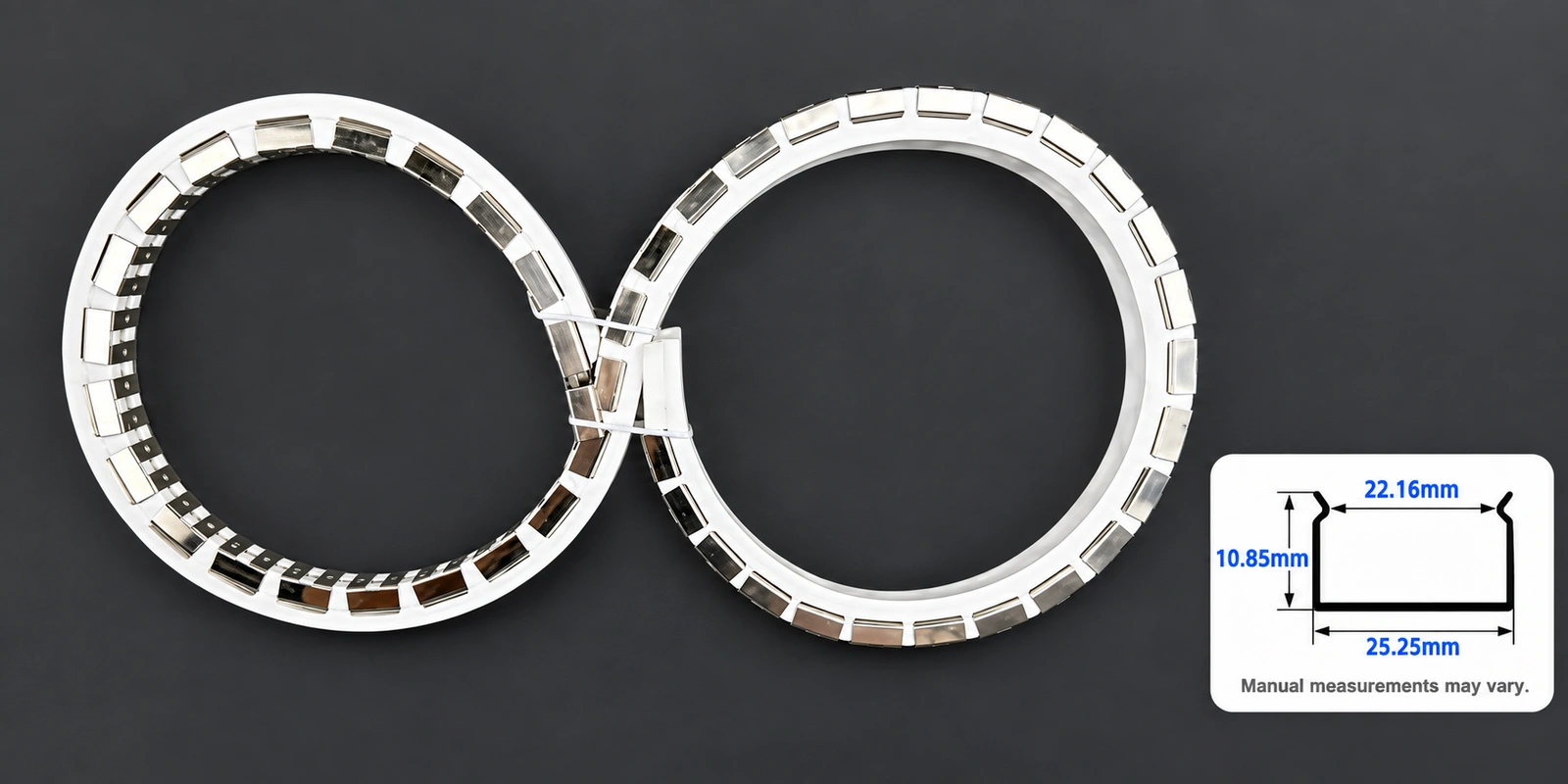 25 × 17 mm flexible tracks with inset profile reference and manual-measurement notice