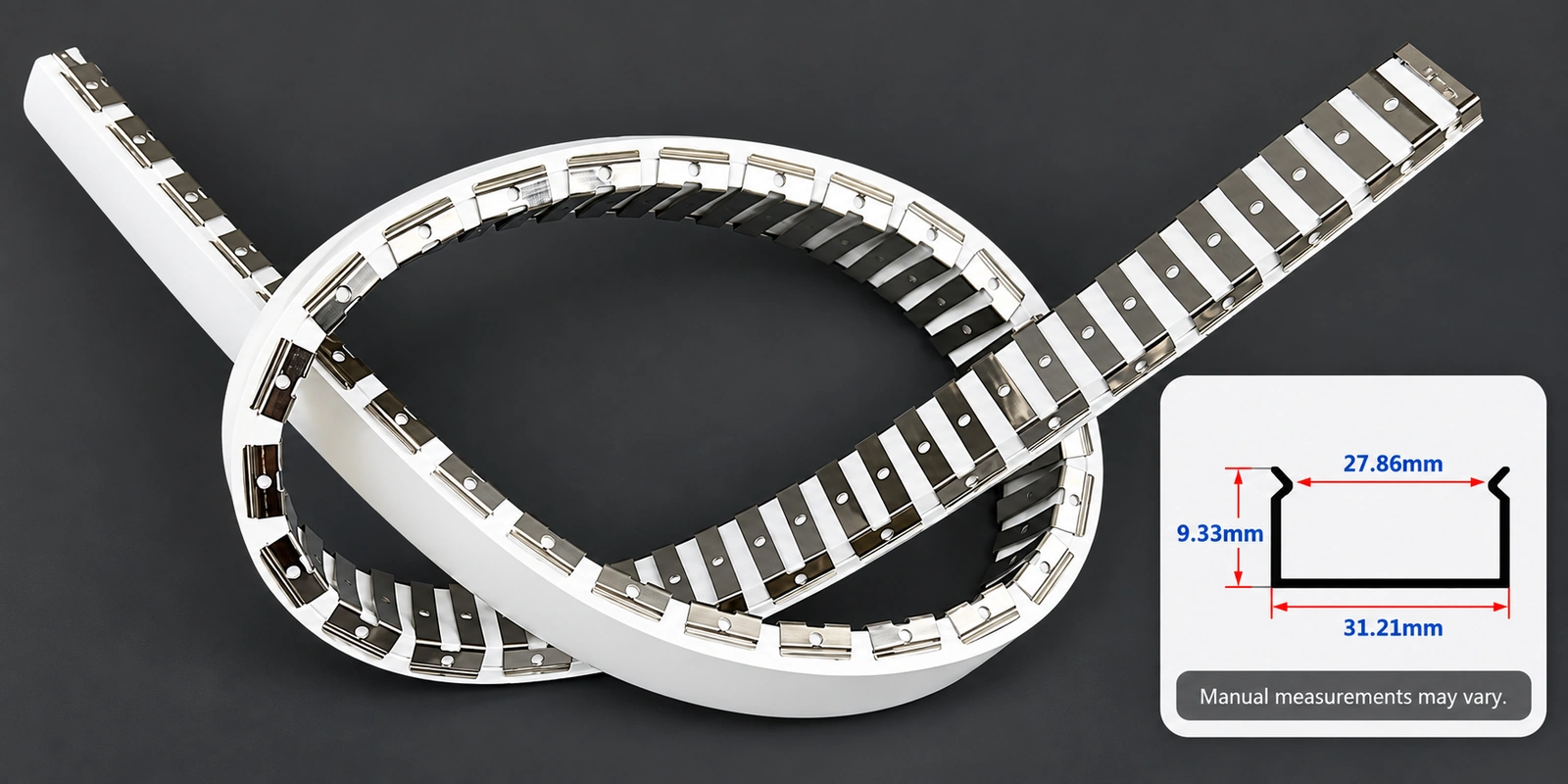 30 × 10 mm flexible tracks with inset profile reference and manual-measurement notice